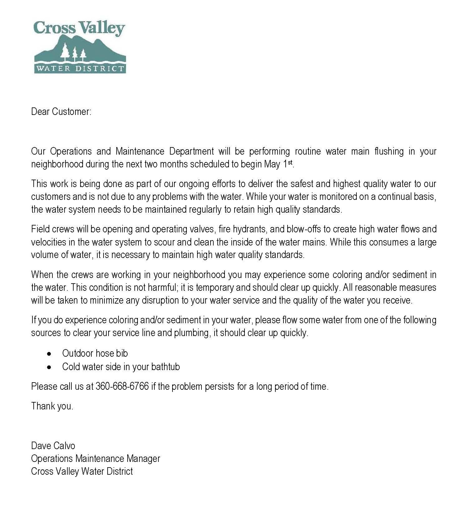 Flushing Letter to customers